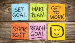 set goal, make plan, work, stick to it, reach goal - a success concept presented with colorful sticky notes