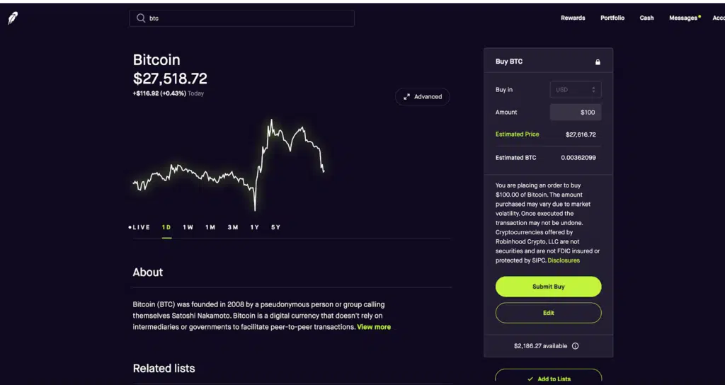screenshot of a personal Robinhood app account buying bitcoin