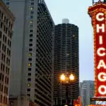 Chicago sign at the theater in the city at night