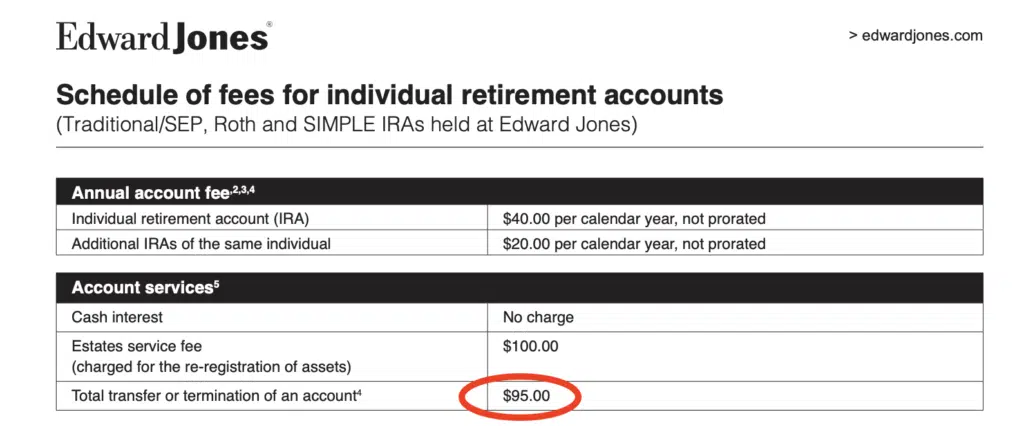 screenshot of Edward Jones Roth IRA fee schedule 