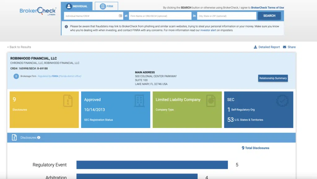 screenshot of Robinhood Finra brokercheck firm summary