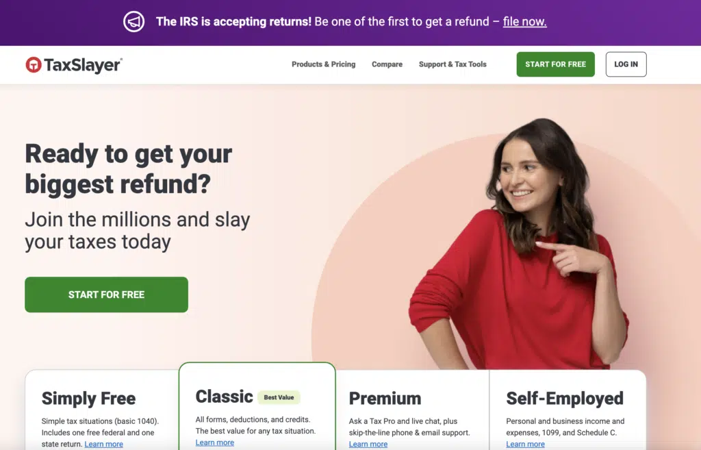 screenshot of TaxSlayer website